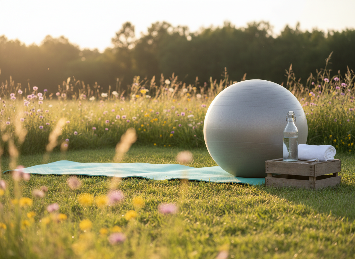 A serene outdoor corner designed for mindful pregnancy exercise, featuring a thick, supportive mint-green yoga mat on short, well-trimmed grass, a large stability ball with a matte finish, and a small wooden crate holding a glass bottle of water and a rolled cotton towel. Around the area, wildflowers and tall grasses sway gently, with a distant line of trees softly out of focus. Golden hour sunlight bathes the scene in a gentle, warm glow, rim-lighting the stability ball and creating soft, elongated shadows. Photographic realism with a slightly low angle, emphasizing calm, safety, and professional guidance for prenatal outdoor workouts.