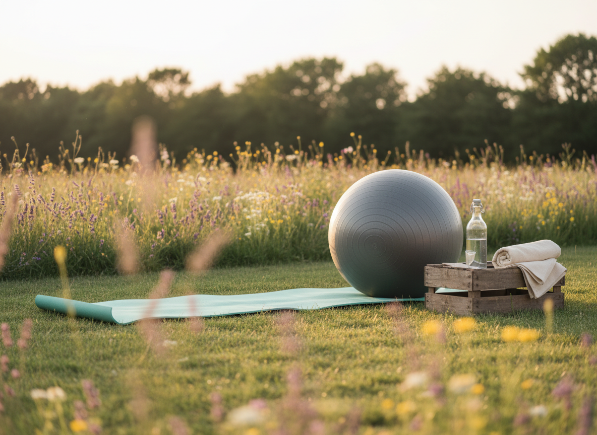 A serene outdoor corner designed for mindful pregnancy exercise, featuring a thick, supportive mint-green yoga mat on short, well-trimmed grass, a large stability ball with a matte finish, and a small wooden crate holding a glass bottle of water and a rolled cotton towel. Around the area, wildflowers and tall grasses sway gently, with a distant line of trees softly out of focus. Golden hour sunlight bathes the scene in a gentle, warm glow, rim-lighting the stability ball and creating soft, elongated shadows. Photographic realism with a slightly low angle, emphasizing calm, safety, and professional guidance for prenatal outdoor workouts.