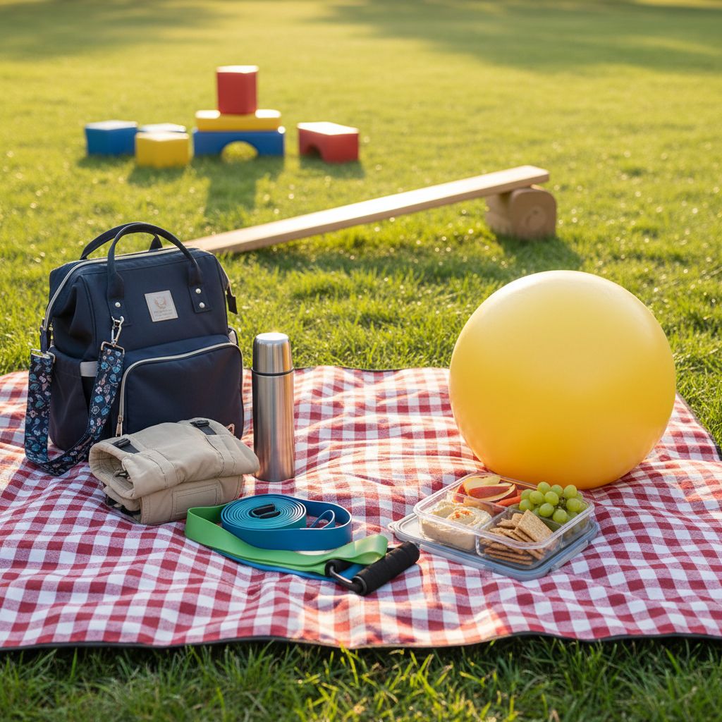 A cozy family-focused fitness picnic scene on a large checkered blanket spread over a sunny park meadow, featuring a compact set of resistance bands, a soft foam exercise ball, and a sectioned lunchbox filled with colorful, healthy snacks. Nearby, a neatly packed diaper bag and a folded baby carrier rest beside a stainless steel thermos. In the background, a low wooden balance beam and a small set of soft foam blocks sit on the grass, slightly blurred. Late-morning sunlight creates bright, cheerful illumination and gentle shadows. Photographic realism with an eye-level, wide composition, evoking a balanced, active family lifestyle that seamlessly blends movement and relaxation outdoors.