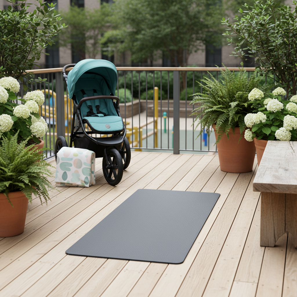A carefully organized workout station on a smooth wooden deck in an urban courtyard, showcasing a premium non-slip fitness mat, a compact jogging stroller parked beside it, and a neatly folded lightweight blanket with subtle pastel patterns. Potted plants and a low wooden bench frame the scene, while a distant playground structure and greenery are softly out of focus. Soft overcast daylight creates even, flattering illumination with minimal harsh shadows. Photographic realism with a slightly elevated angle and balanced composition, conveying a professional, family-friendly, and motivating atmosphere for outdoor mama fitness sessions.