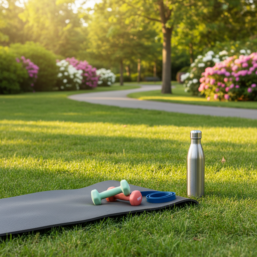 A set of neatly arranged outdoor fitness equipment laid out on a lush green park lawn, featuring a high-quality rubber yoga mat, a pair of pastel-colored dumbbells, a resistance band, and a stainless steel water bottle with condensation beads. In the background, a well-maintained jogging path curves gently past tall trees and blooming bushes, softly blurred for depth. Warm early-morning sunlight filters through the leaves, casting dappled light and gentle shadows across the grass. Photographic realism at eye level, with a clean, modern composition that feels energetic yet inviting, emphasizing a fresh, healthy start to the day in a natural environment.