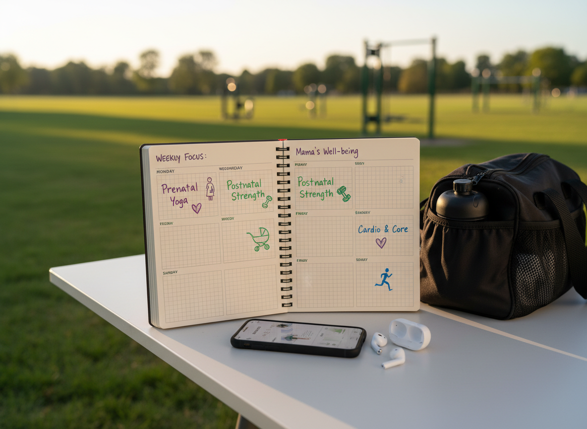 A close-up of a detailed weekly fitness planner open on a simple white outdoor table, with color-coded handwritten workout slots, prenatal and postnatal training icons, and small doodles of hearts and dumbbells. Next to it lies a smartphone showing a clean fitness app interface and a pair of wireless earbuds. In the softly blurred background, a sunlit park meadow and fitness equipment bag are visible. Gentle late-afternoon light creates a warm, focused glow on the pages, with soft shadows adding depth. Shot in photographic realism from a top-down perspective, the mood is organized, encouraging, and clearly oriented around structured mama fitness routines.