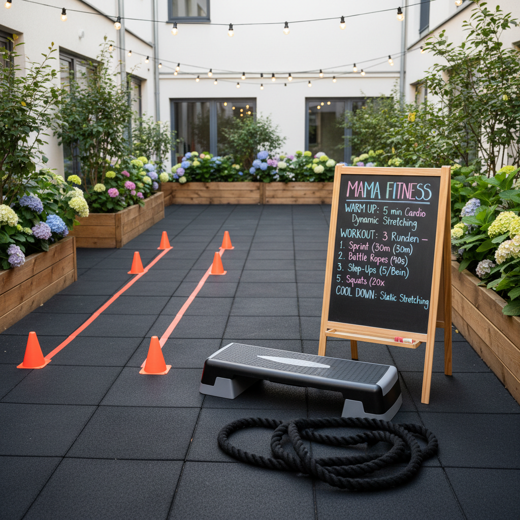 A dynamic outdoor circuit setup in a quiet residential courtyard, with cones marking a short sprint lane, a battle rope coiled neatly, and a sturdy step platform positioned on interlocking rubber tiles. A colorful chalkboard sign on an easel lists a structured mama fitness workout, written in clear, modern lettering in German. Surrounding raised flower beds and string lights overhead hint at a community-focused space. Bright but diffused daylight gives crisp, even lighting with subtle shadows under the equipment. Captured in photographic realism from a three-quarter angle, the atmosphere is energetic, empowering, and clearly tailored to mothers seeking professional outdoor training.
