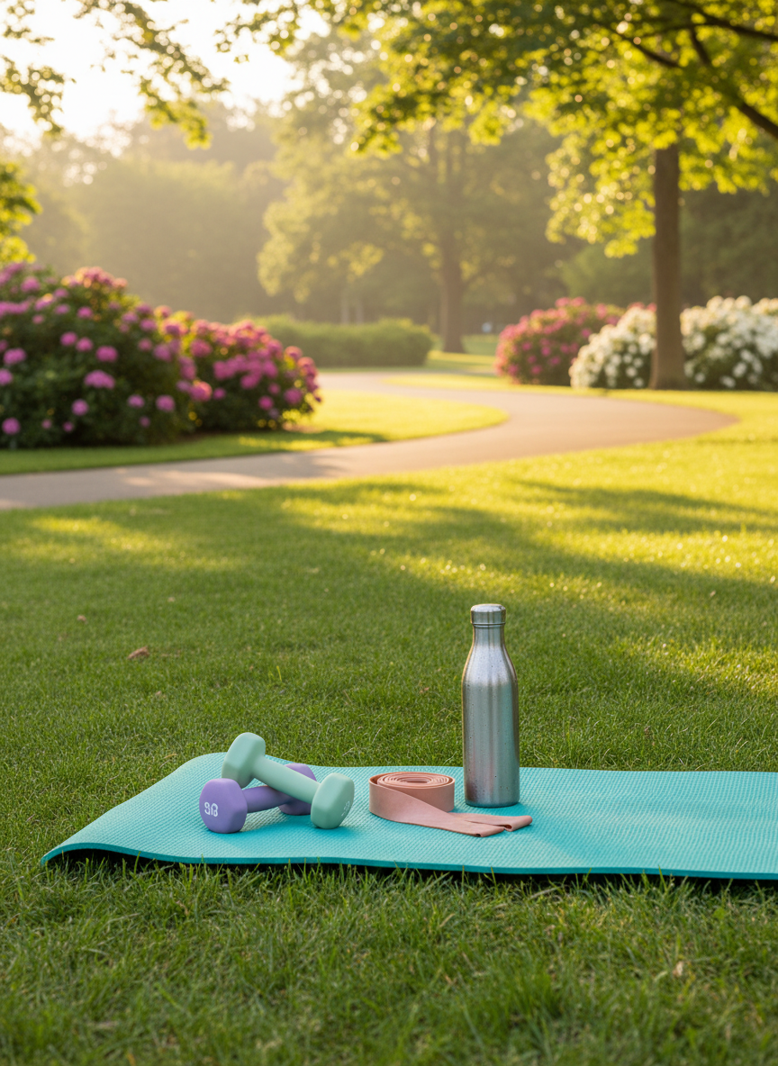 A set of neatly arranged outdoor fitness equipment laid out on a lush green park lawn, featuring a high-quality rubber yoga mat, a pair of pastel-colored dumbbells, a resistance band, and a stainless steel water bottle with condensation beads. In the background, a well-maintained jogging path curves gently past tall trees and blooming bushes, softly blurred for depth. Warm early-morning sunlight filters through the leaves, casting dappled light and gentle shadows across the grass. Photographic realism at eye level, with a clean, modern composition that feels energetic yet inviting, emphasizing a fresh, healthy start to the day in a natural environment.