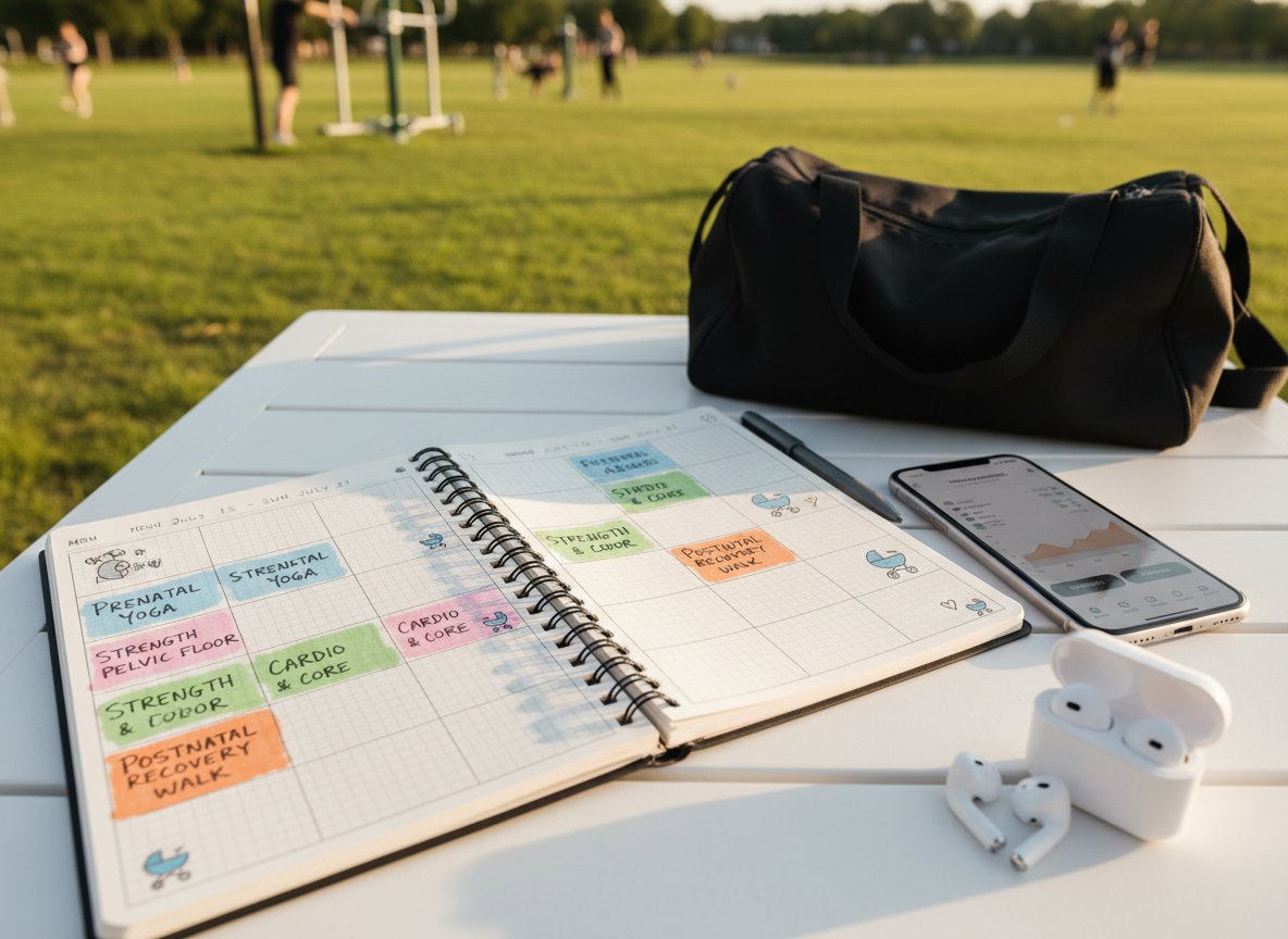 A close-up of a detailed weekly fitness planner open on a simple white outdoor table, with color-coded handwritten workout slots, prenatal and postnatal training icons, and small doodles of hearts and dumbbells. Next to it lies a smartphone showing a clean fitness app interface and a pair of wireless earbuds. In the softly blurred background, a sunlit park meadow and fitness equipment bag are visible. Gentle late-afternoon light creates a warm, focused glow on the pages, with soft shadows adding depth. Shot in photographic realism from a top-down perspective, the mood is organized, encouraging, and clearly oriented around structured mama fitness routines.