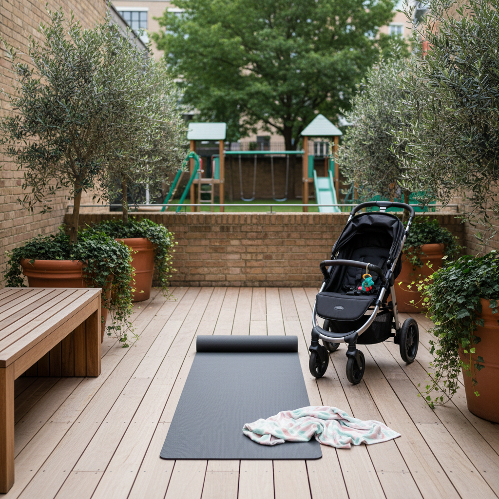 A carefully organized workout station on a smooth wooden deck in an urban courtyard, showcasing a premium non-slip fitness mat, a compact jogging stroller parked beside it, and a neatly folded lightweight blanket with subtle pastel patterns. Potted plants and a low wooden bench frame the scene, while a distant playground structure and greenery are softly out of focus. Soft overcast daylight creates even, flattering illumination with minimal harsh shadows. Photographic realism with a slightly elevated angle and balanced composition, conveying a professional, family-friendly, and motivating atmosphere for outdoor mama fitness sessions.