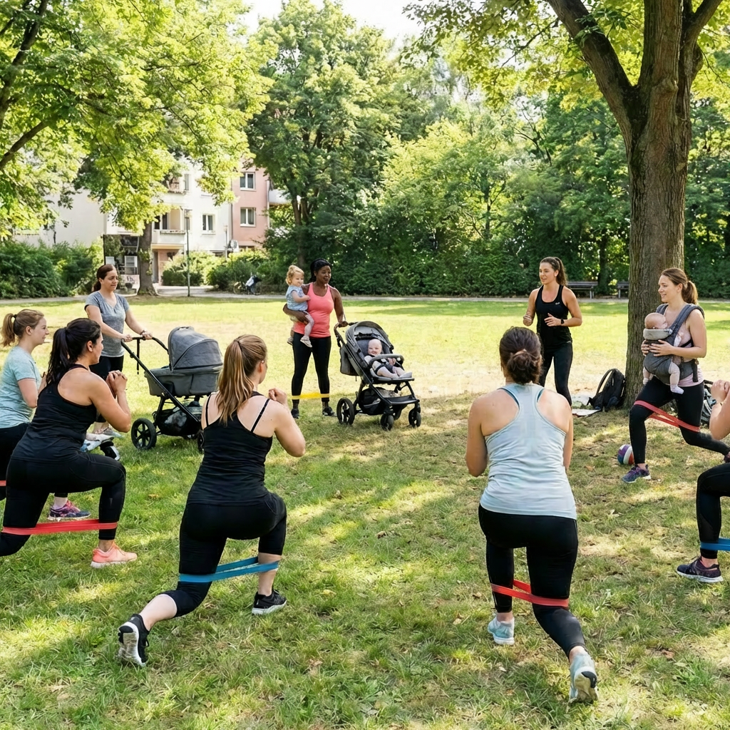 Mothers performing lunges at a park workout. Sign reads: OUTDOOR MAMA FITNESS - JEDEN MITTWOCH.